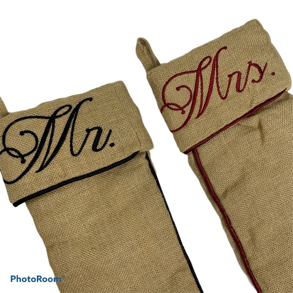 MR & MRS BURLAP CHRISTMAS HOLIDAY STOCKINGS LARGE 22" STOREHOUSE‎ COUPLE GIFT